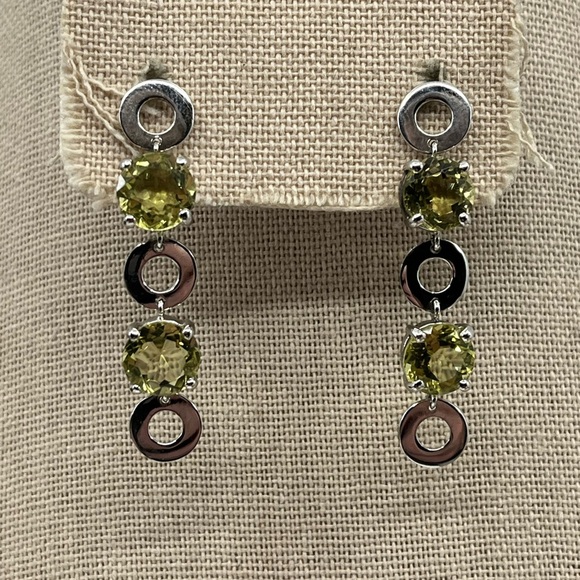 Vintage KN 925 Sterling Silver Yellow-Green Gemstone Dangle Earrings - Picture 6 of 17